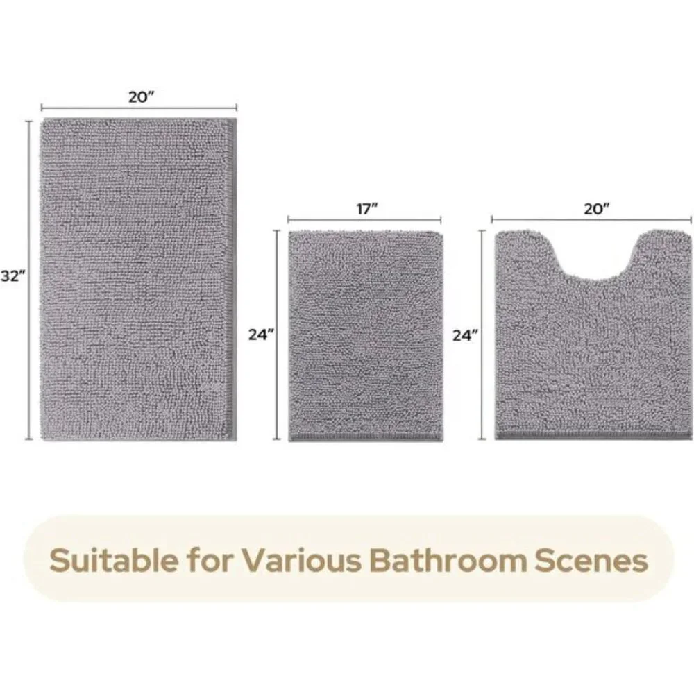 New 3-Piece Grey Bathroom Rug Set, Ultra Soft, Non-Slip, Absorbent Chenille Mats